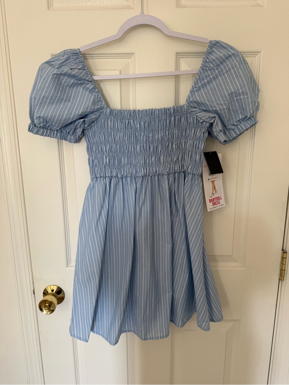 Celebrity pink Puff-Sleeve Baby Doll Dress - Light Blue Stripe Size S